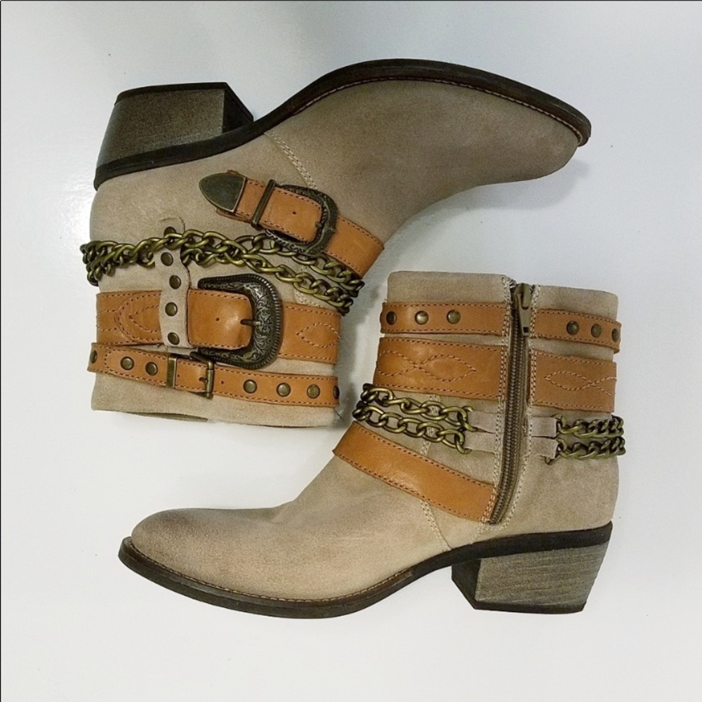 Aldo Buckle Strap and Chain suede booties